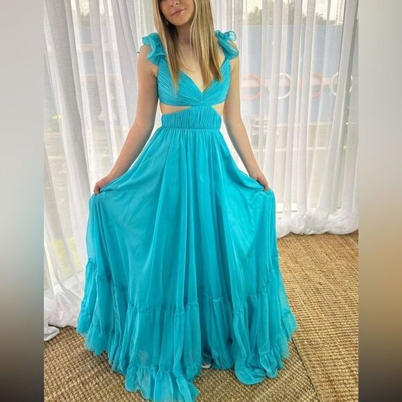 Mac Duggal 70254 Womens Blue Ruffled Shoulder Cut Out Lace Up Gown Dress - Picture 3 of 16